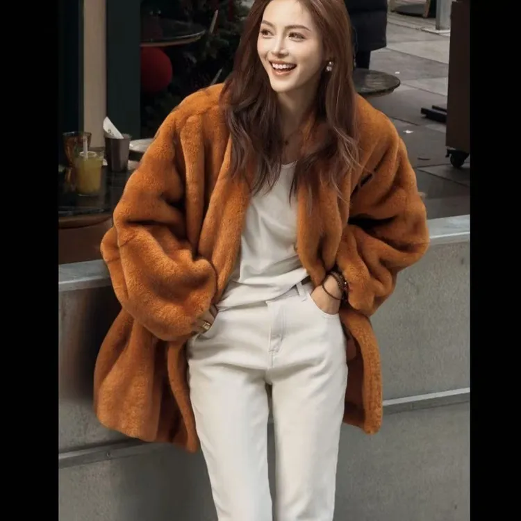 （麽麽专属）琥珀流光韩系时尚V领长袖短外套保暖皮毛外套百搭mini