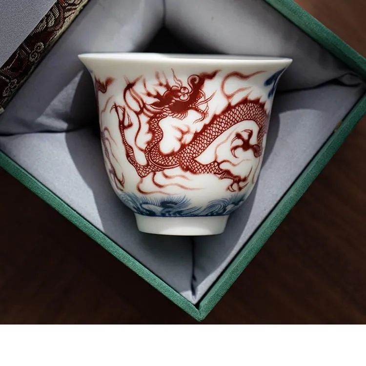 FAVMARTHA青花釉里红高档主人杯陶瓷龙纹聚香杯家用茶具品茗茶杯