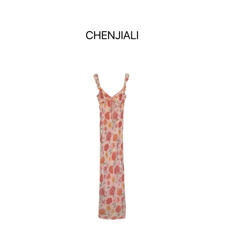 CHENJIALI 万物生长 碎花V领印花收腰显瘦度假连衣裙