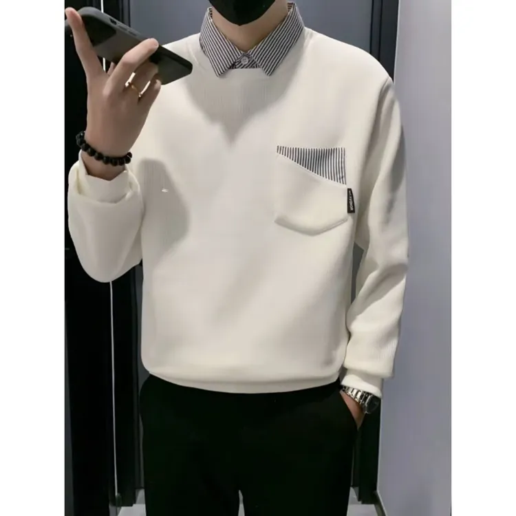 秋冬加绒穿搭男士假两件条纹拼接翻领卫衣潮牌男内搭休闲长袖上衣