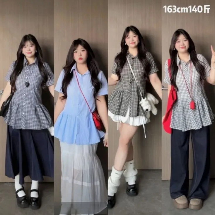 大码胖mm学院风刺绣格子衬衫新款遮肚子荷叶边短袖上衣