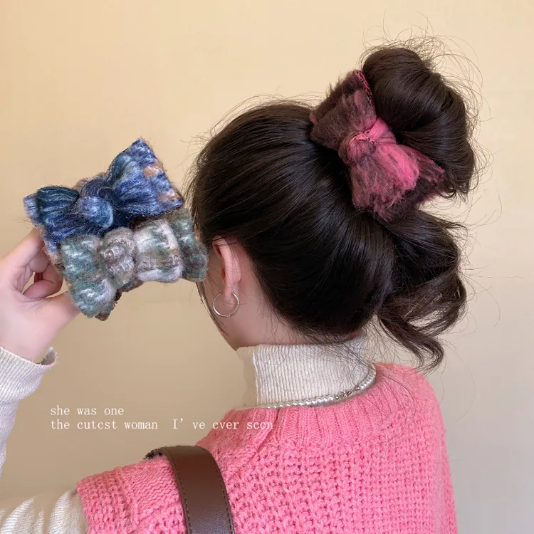 高端晕染毛呢蝴蝶结丸子头抓夹女后脑勺盘发神器发夹头饰2025新款