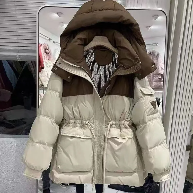 【娜姐家】8816#冬季拼色时尚连帽收腰厚款棉服