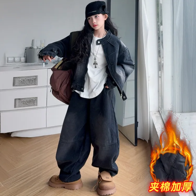 女童秋冬加绒加绒牛仔套装2025休闲风拉链重工机车外套中大童韩版