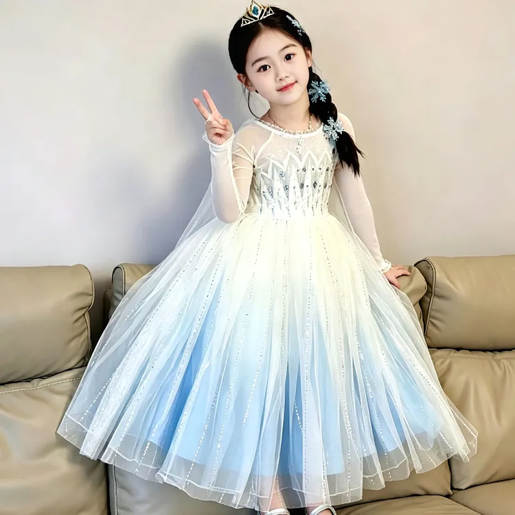 女童新款绣花手工缝钻艾莎公主风夏季渐变网纱儿童生日礼服连衣裙