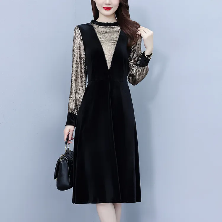 女装连衣裙春秋季气质显瘦时尚金丝绒裙子中妈妈假两件FA1130