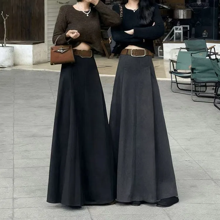 宽腰带压褶设计A字长裙女秋冬韩版宽松显瘦遮胯半身裙【送腰带】101