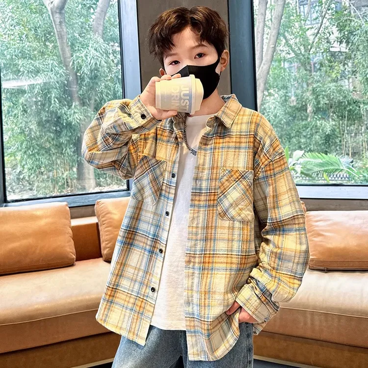 男童衬衫春秋款2025新款男孩秋季中大童秋装儿童格子长袖衬衣外套