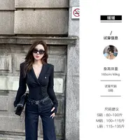媛媛【与众不同】秋季黑色双排扣弹力修身连体显瘦外套上衣女#W0936