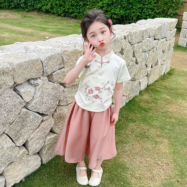 女童夏季套装2025新款汉服儿童洋气国风女宝宝夏装阔腿裙裤两件套