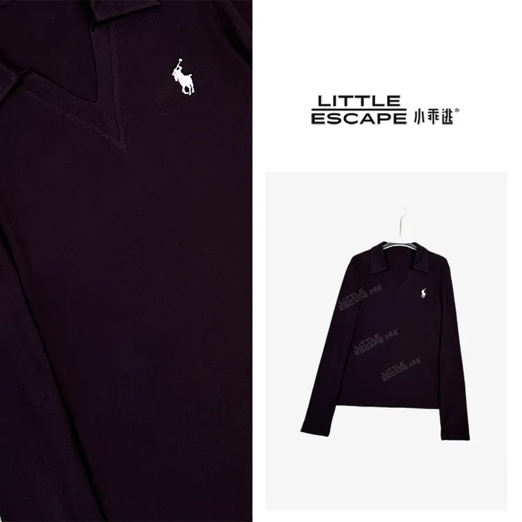 小乖逃休闲时尚单色紫色T恤V领打底拉丝夫小鹿紫色百搭250731