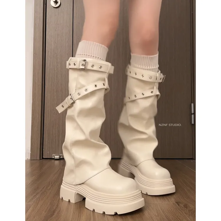白色英伦风厚不过膝底靴子女长筒靴2025新款秋季配裙子显瘦骑士靴