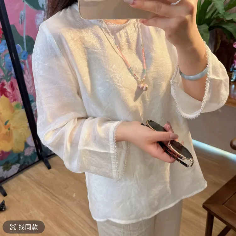新款简约钉珠套头宽松薄款新中式显瘦时尚百搭衬衫小衫