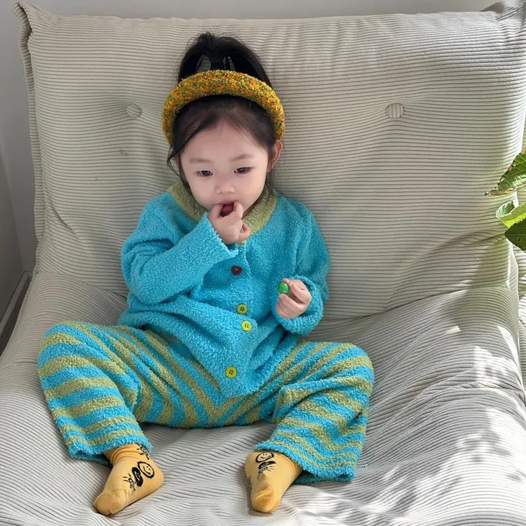 格格绒儿童保暖裤儿童睡衣2025秋冬新款男童女童保暖半边绒拼色上