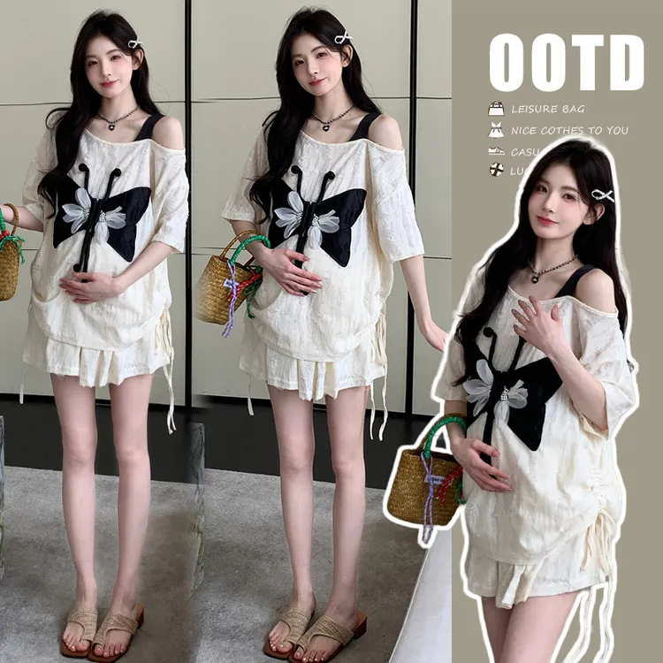 2025孕妇装女夏装套装简约显瘦露肩蝴蝶刺绣洋气上衣和短裤两件套