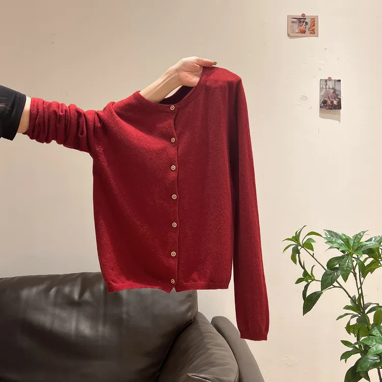 百搭减龄安哥拉红软糯圆领长袖毛针织衫女开衫外套小上衣2025秋季