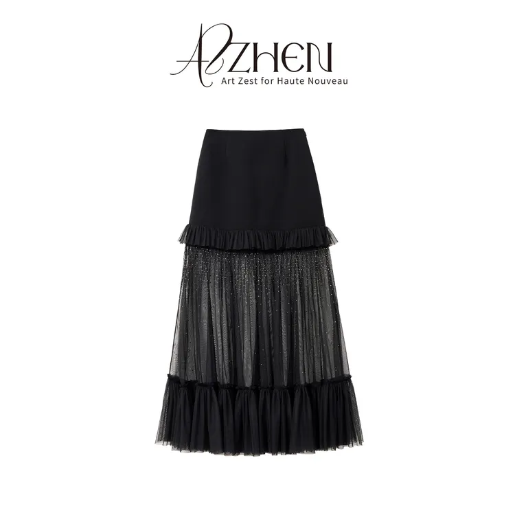AZZHEN【夜雨星光】烫钻网纱乱麻拼接半裙AZ5BSQ19-00