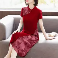 X0737 时尚风中老年女装妈妈装红色复古修身不规则裙婚宴裙子