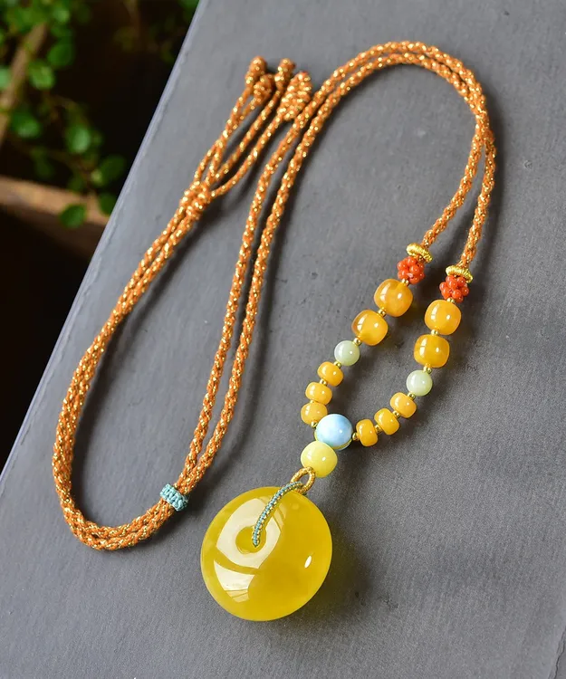  纯天然俄料鸡油黄蜜蜡平安扣吊坠项链 原矿原色 无优化 无瑕疵 