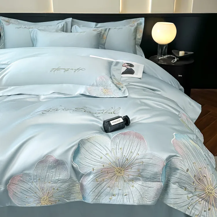 富莱城床品A类母婴级200支纯棉四件套花卉刺绣床上用品四件套纯棉