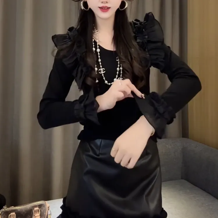 冬季新款设计感蕾丝长袖气质弹力百搭上衣