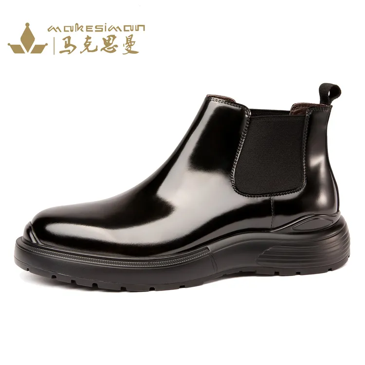 2025冬季加绒加厚切尔西靴男真皮商务休闲英伦高帮皮鞋漆皮男靴子