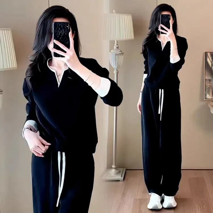 纯棉休闲风运动套装女2025春秋季新款韩版V领宽松卫衣时尚两件套