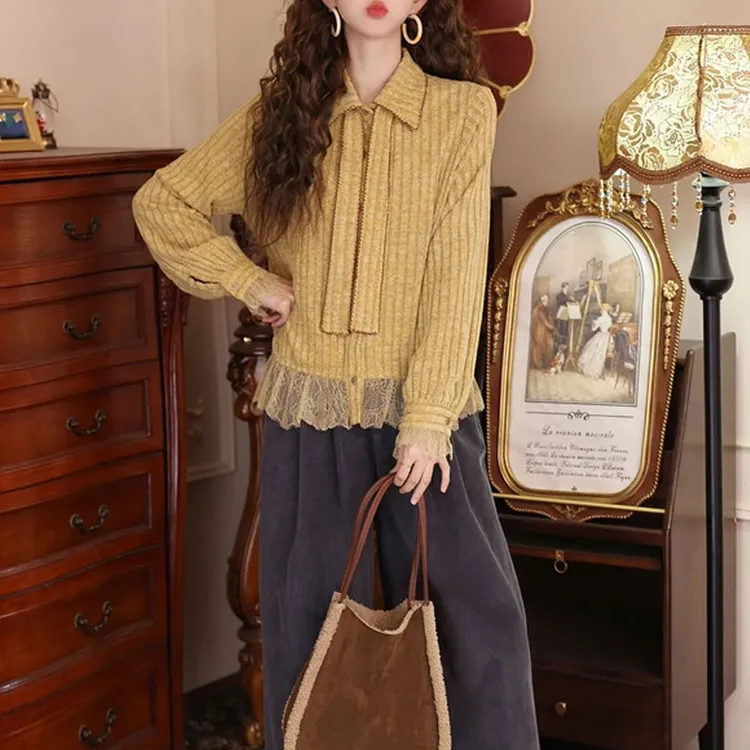 2025新款复古慵懒风时尚翻领绑带设计减龄百搭衬衫显瘦少女感上衣