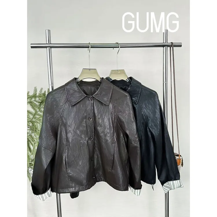 【女装优选】GUMG-韩系复古排扣皮夹克外套GM20376