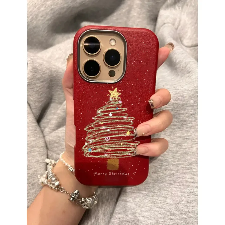 满天星圣诞树适用iPhone17/16荔枝纹14金属框手机壳13高级15pro软