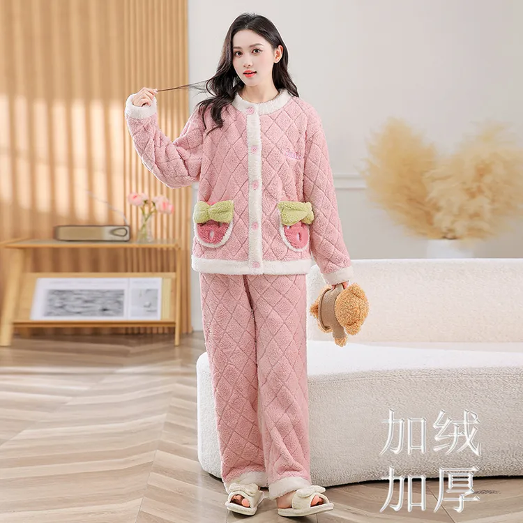 【仅剩02件】加绒加厚女睡衣韩版可爱家居月子服套装可外穿两件套