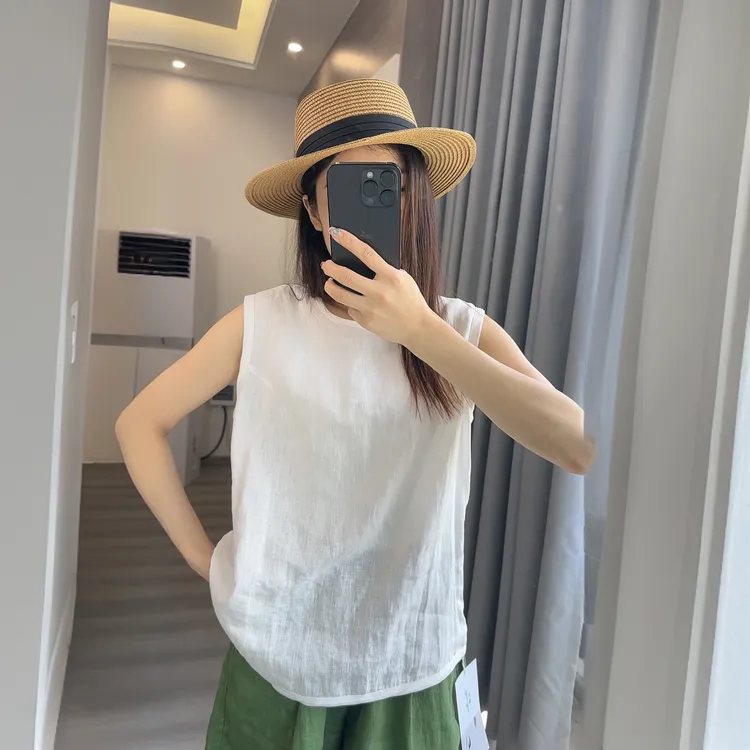 1322夏季新款时尚无袖纯色亚麻衬衫女宽松大码经典通勤圆领上衣潮