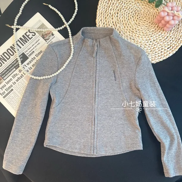 【亲子装】女童春秋款外套儿童秋季新品洋气灰色开衫上衣2025新款装