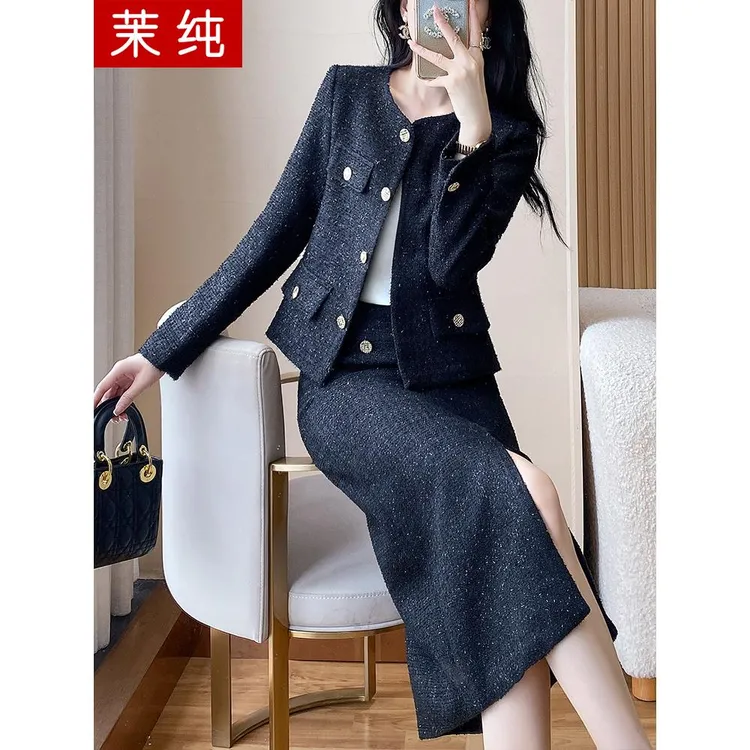 时尚洋气女2025新款黑色减龄搭配一整套洋气裙名媛小香风工服套裙
