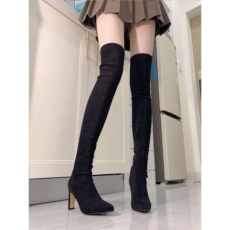 过膝长靴女2025秋季新款瘦瘦靴粗跟绒面高筒弹力靴尖头高跟长筒靴