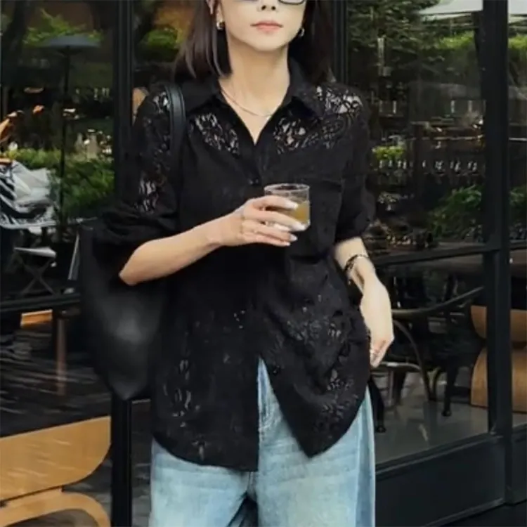 黑色蕾丝衬衫女2025早秋季高级感宽松显瘦洋气减龄设计感镂空上衣
