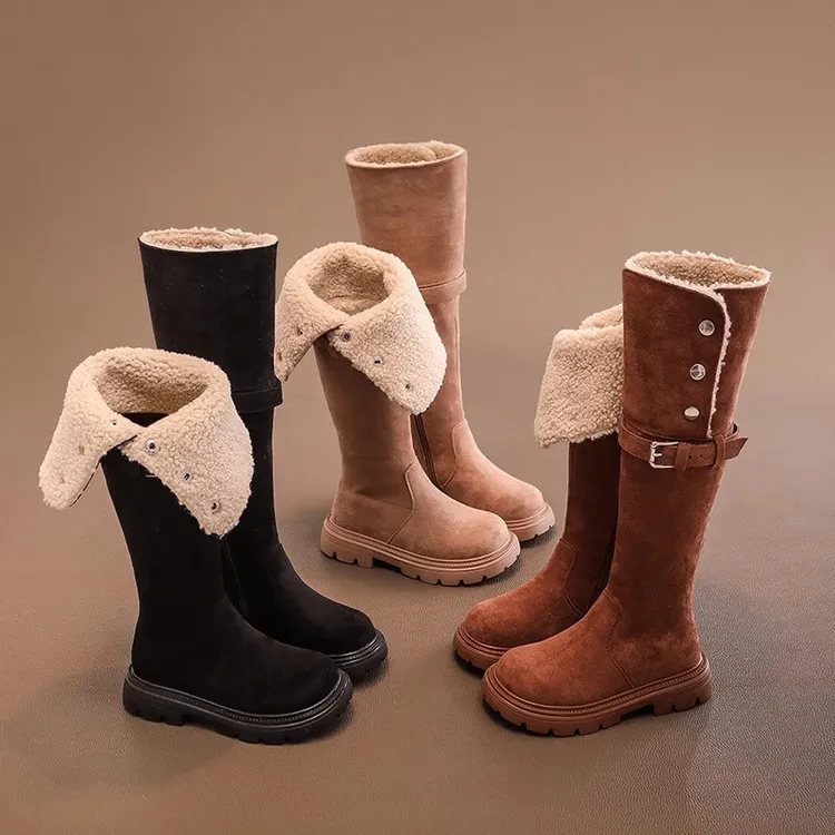 儿童鞋靴子美拉德风翻边高筒靴冬款女童加绒羊羔毛骑士靴过膝长靴