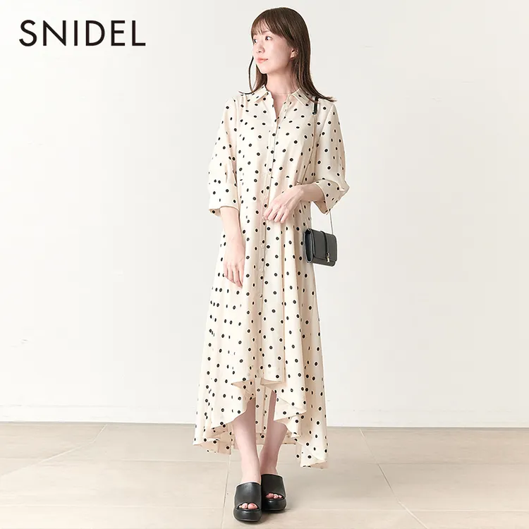 SNIDEL春夏款优雅中袖波点印花不规则衬衫连衣裙SWFO232052