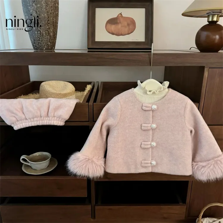 秋冬女宝小香风毛毛袖口外套洋气加厚半裙套装女童拜年服