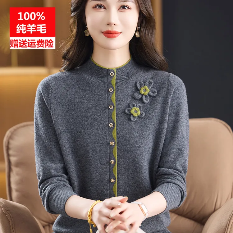 中老年秋冬半高领100%羊毛衫上衣女洋气妈妈装打底衫宽松大码毛衣