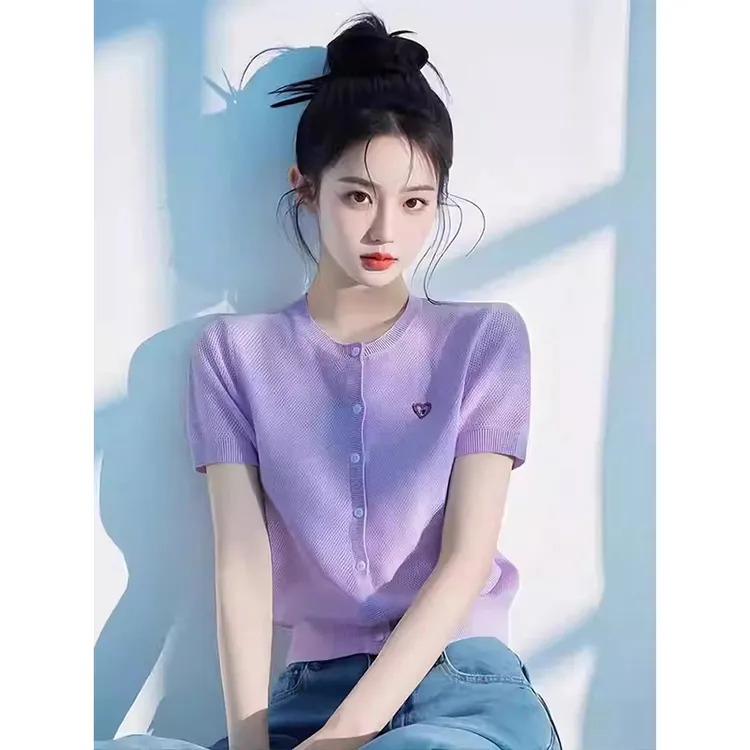 法式香芋紫爱心刺绣正肩短袖t恤女夏季小个子冰丝针织开衫上衣薄