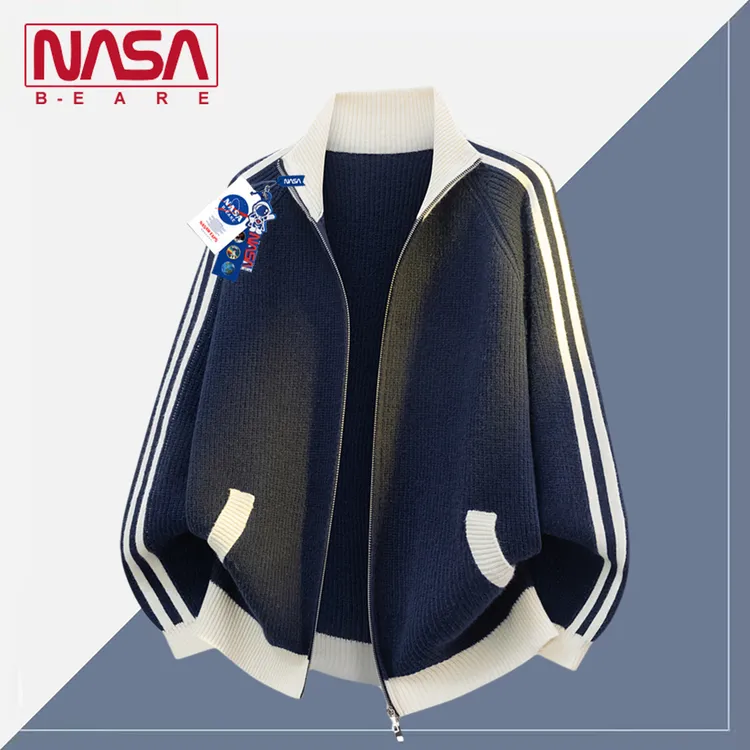 NASA联名美式插条撞色针织开衫2026秋季新款宽松休闲毛衣外套男士