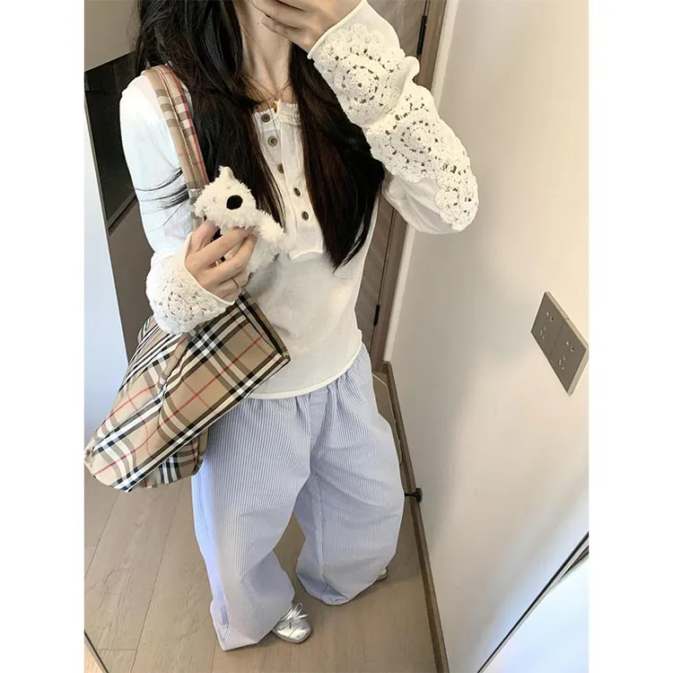 小众别致蕾丝镂空白色防晒衫长袖t恤女春秋季百搭宽松亨利衫上衣