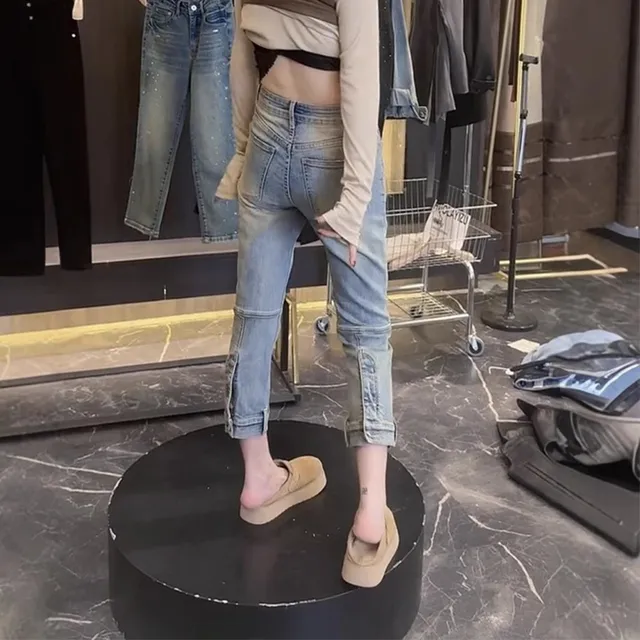 2025春季新款显瘦弹力八分直筒牛仔裤大码百搭设计感小个子烟管裤