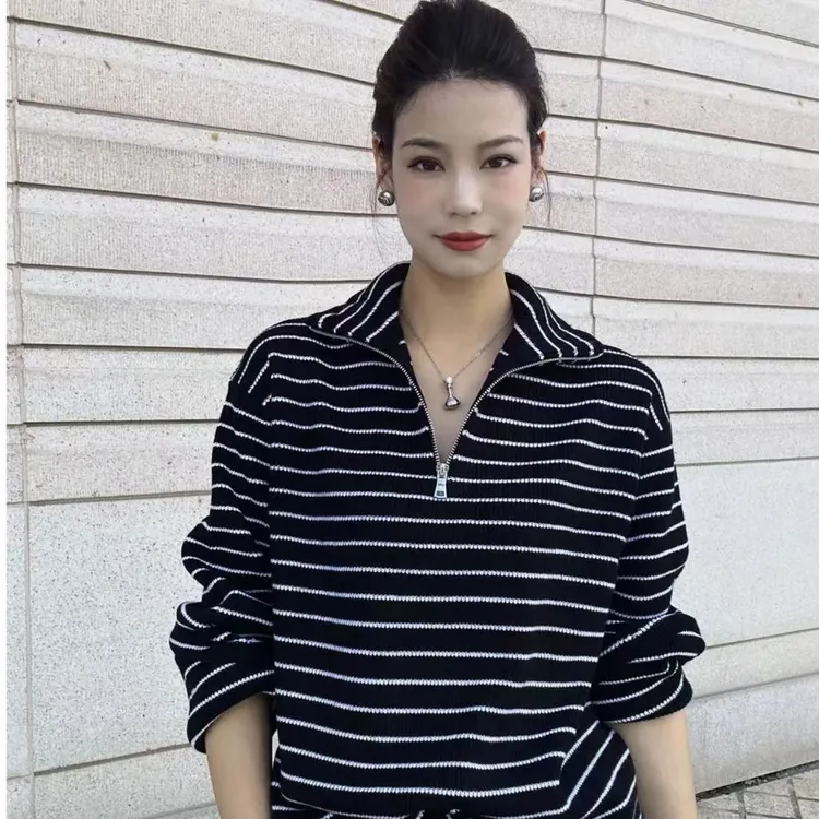 阿玛施538088秋冬条纹长袖半流流光风撞色条纹羊毛针织开衫
