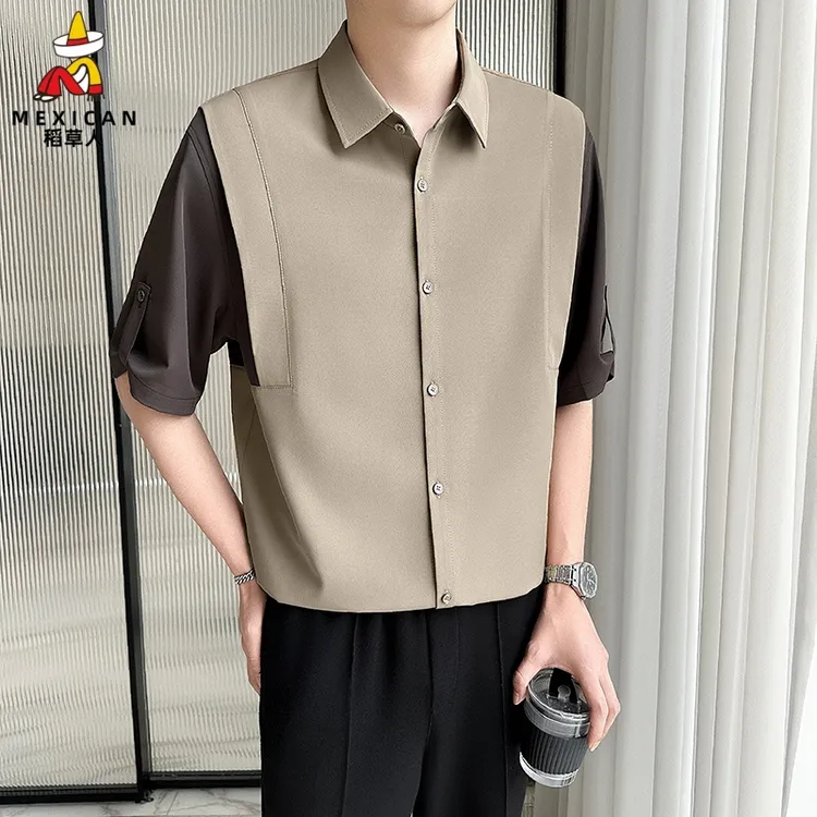 稻草人假两件拼接短袖衬衫夏季男士薄款落肩袖中袖高美式复古男装