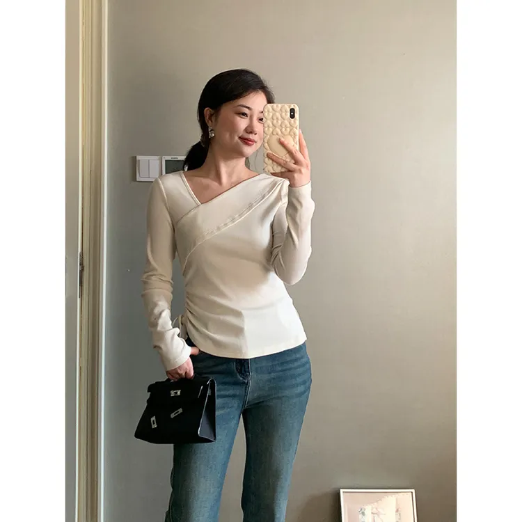 花总吖【锁骨天才】秋冬新款气质斜领收腰长袖针织衫R425S13888