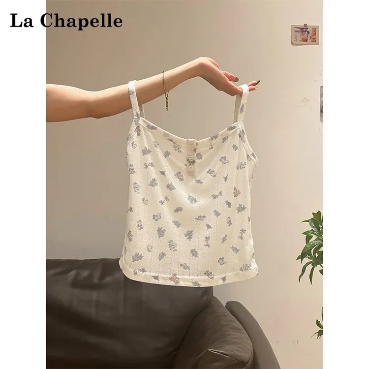 拉夏贝尔纯欲甜美薄款印花背心吊带女2025年夏季修身露背短款上衣