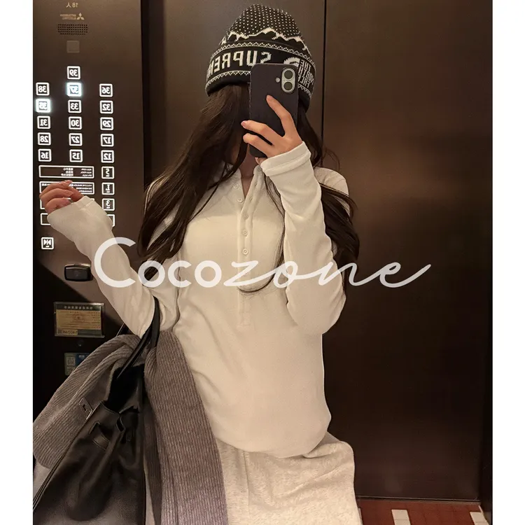 COCO ZONE 刘 一一 “扣子打底”亨利领基础款长袖T恤 CD1A1783