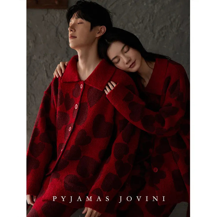 俏薇妮情侣睡衣女冬季红色本命年半边绒爱心珊瑚绒男结婚新款套装